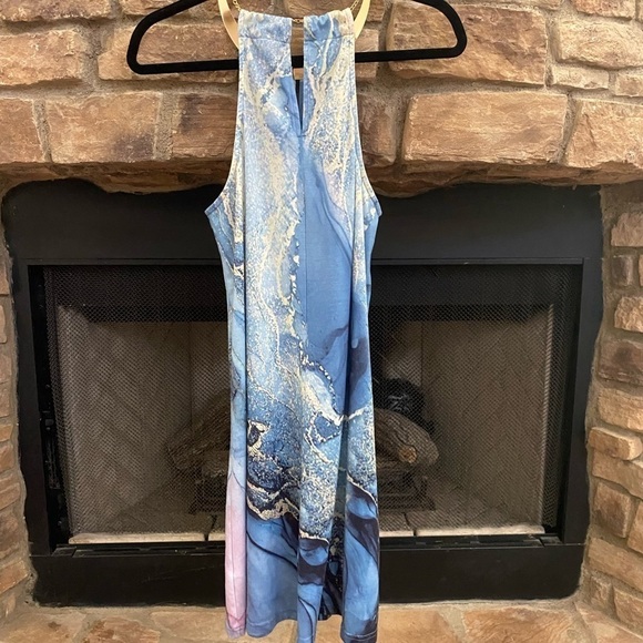 Gorgeous blue and gold racer back sundress with gold collar. - Picture 8 of 9